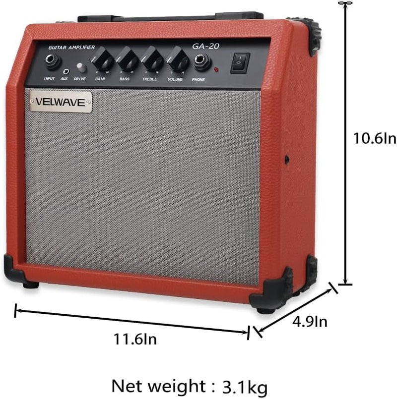 VELWAVE Electric Guitar Amplifier 20W Brown Color Portable Smart amp 6.5'' Speaker 6.5mm Input 3.5mm aux Drive gain bass Treble Volume and Headphone Jack Practice amp - Image 3